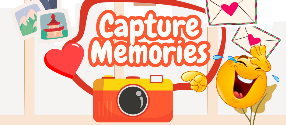 Cartoon scene with a camera, letters, and a laughing emoji. Red heart, text "Capture Memories," and nature photos in the background.