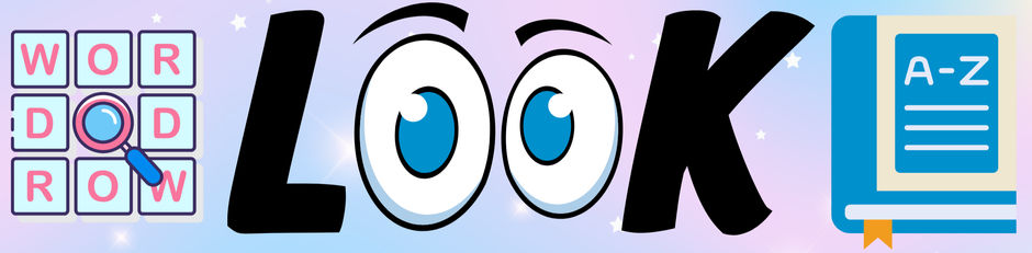 Word puzzle letters spell "WORD" with a magnifying glass. "LOOK" features cartoon eyes. A dictionary labeled "A-Z" is on a pastel background.