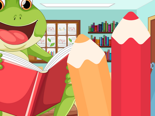 Happy frog reading a red book in a colourful classroom with large pencils, bookshelves, and charts. Bright and cheerful setting.