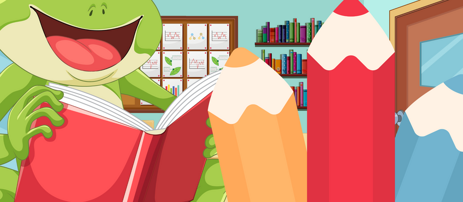 Happy frog reading a red book in a colourful classroom with large pencils, bookshelves, and charts. Bright and cheerful setting.