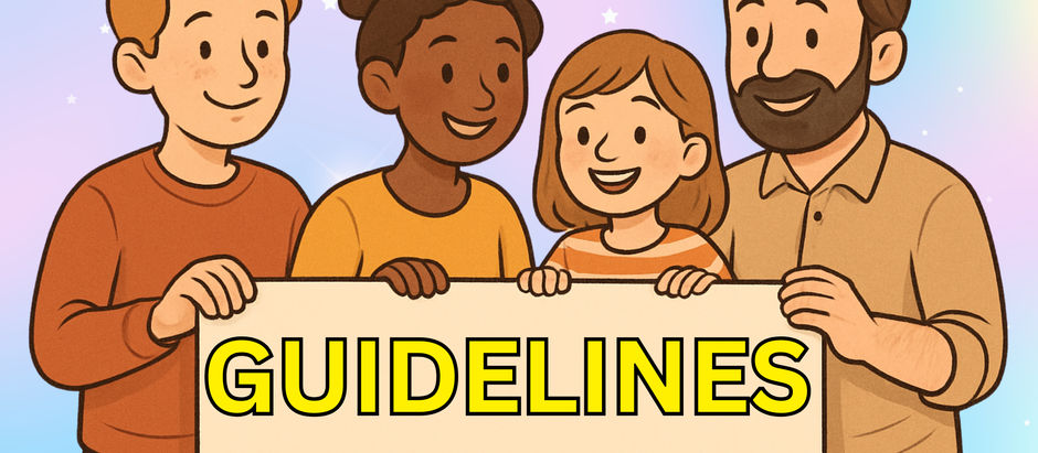 Friendly cartoon illustration of a diverse group of people smiling together, holding a sign that says Guidelines, symbolizing a welcoming and supportive online community where rules are followed.