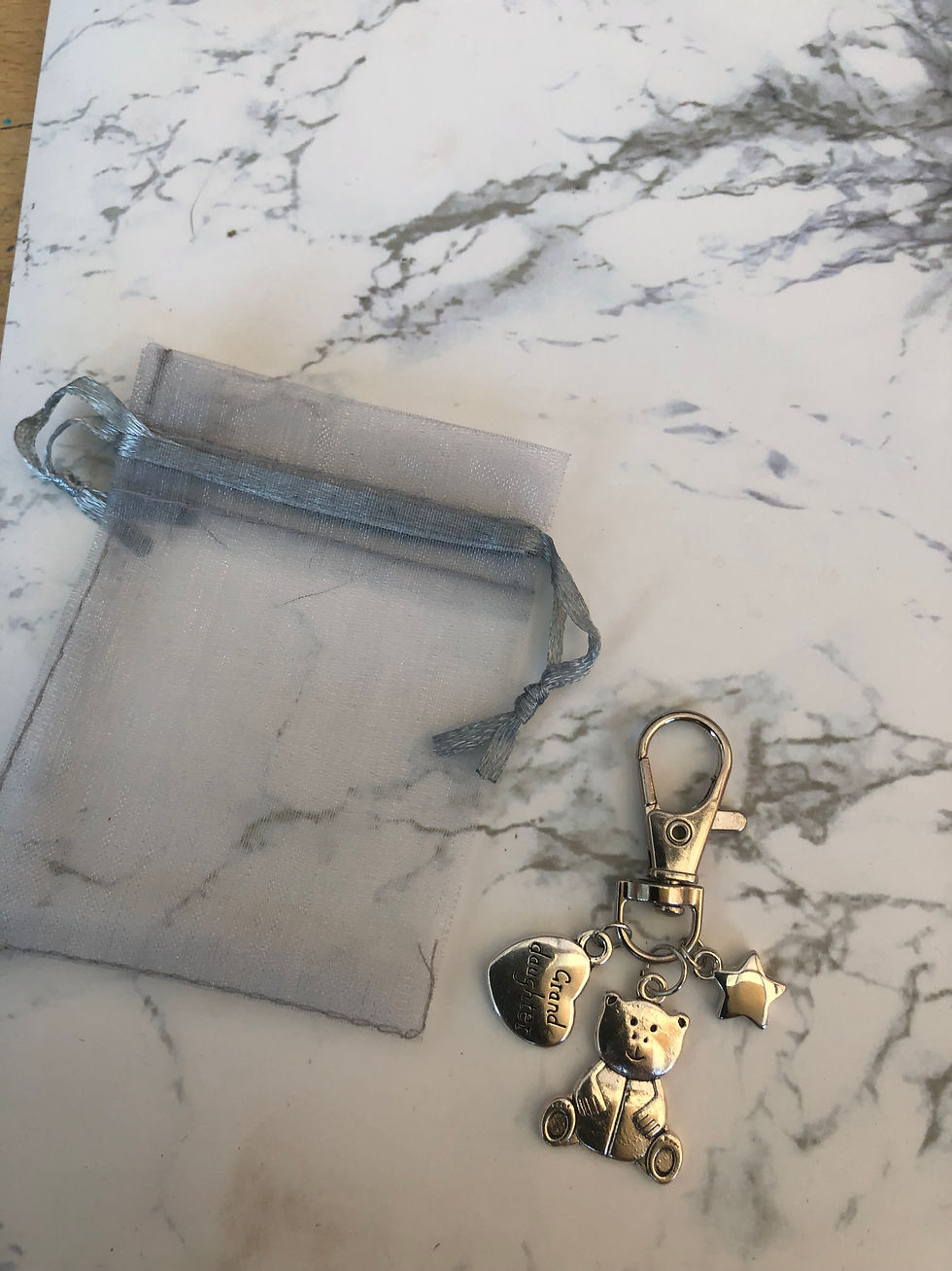 Thumbnail: Special Granddaughter keepsake silver heart charm with teddy bear on keychain