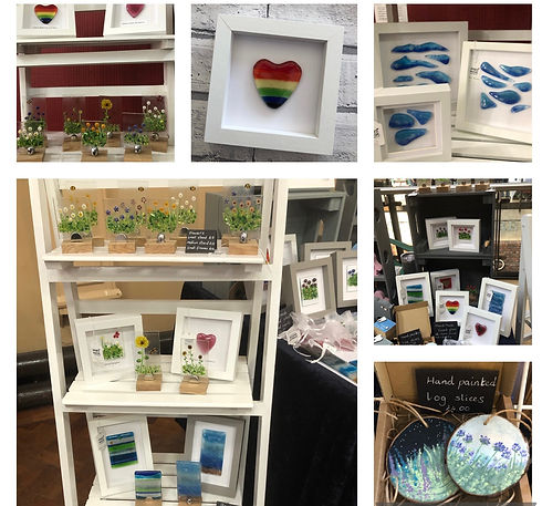 A selection of handmade fused glass on display.