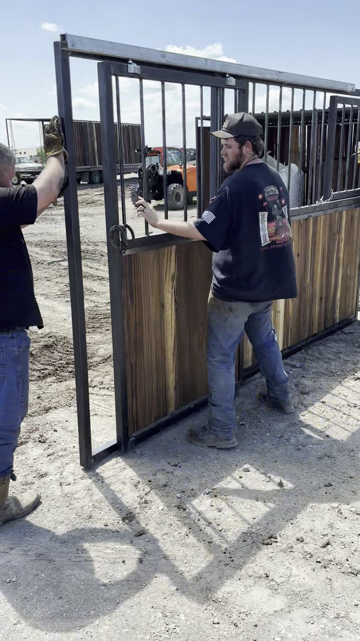 Thumbnail: 12 wide 7 tall 12 foot stall front with a sliding door and feed window 