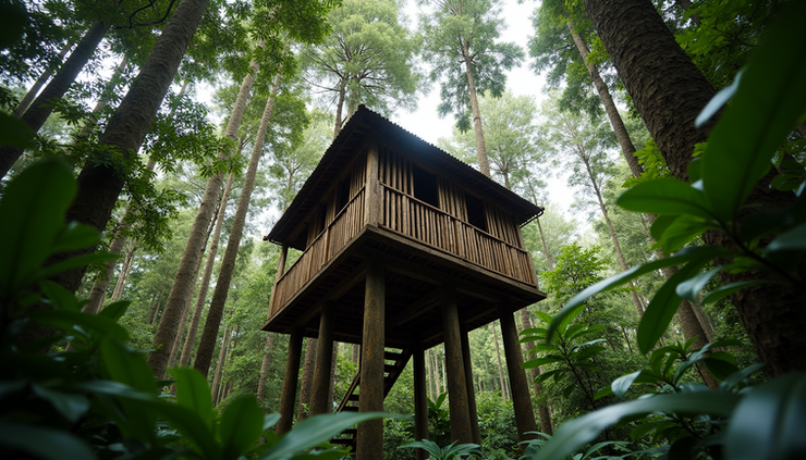 Eye-level view of a tall Korowai treehouse built from wood and palm leaves