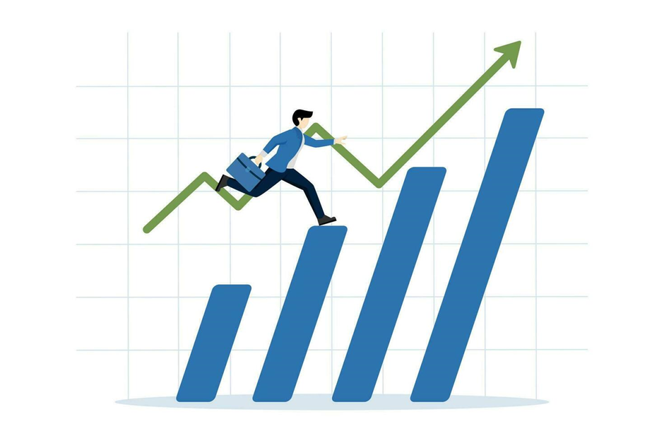 Illustration of a young professional climbing upward financial bar and line charts symbolizing growth and success.