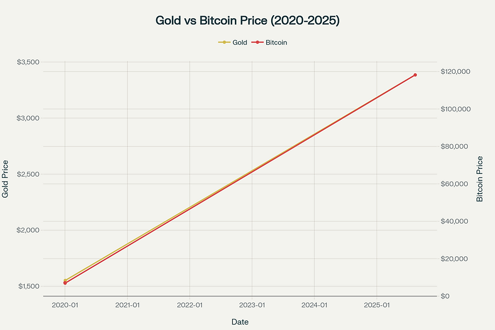 Comparative price performance showing Bitcoin's explosive growth vs Gold's steady appreciation from 2020-2025