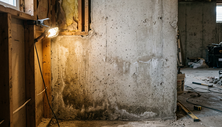Eye-level view of a basement wall with signs of moisture being inspected