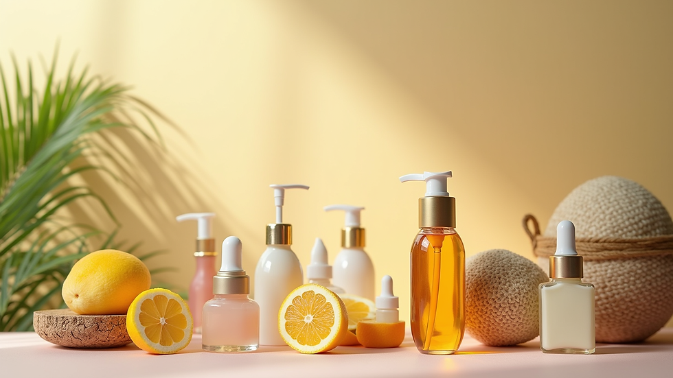 Close-up view of a variety of natural beauty products arranged aesthetically