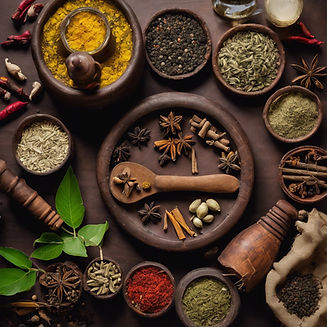 An image that represents India traditional medicine, ayurveda, with spices, oils, and inst