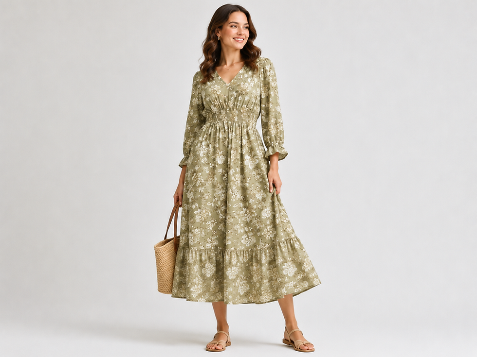 Women wearing a sage green print cotton dress