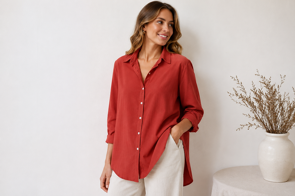 Women wearing a rust red cotton shirt