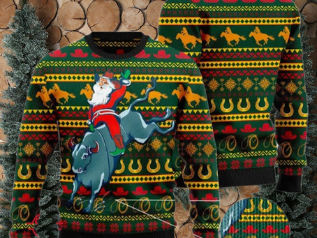 Santa Claus Mechanical Bull Rides Ugly Christmas Sweater