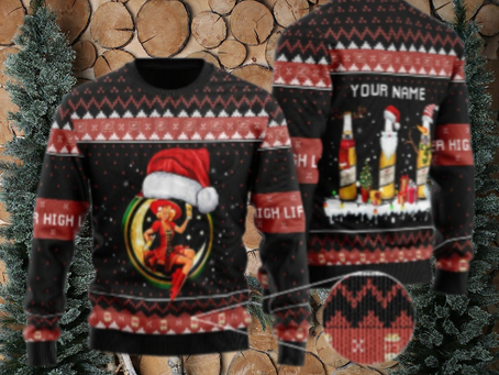 Personalized Miller High Life Santa Reindeer Snowflake Ugly Sweater