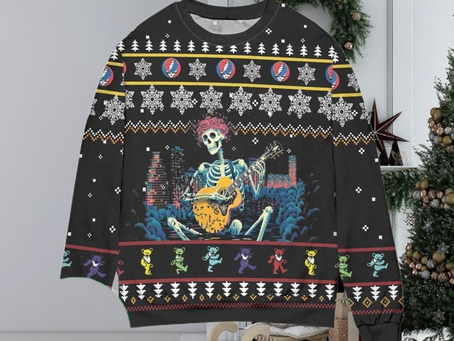 Grateful Dead Skeleton Playing Guitar Christmas Gift Xmas For Christmas Gifts Ugly Christmas Holiday Sweater