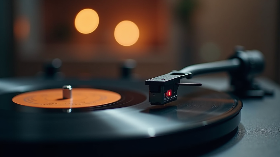 Close-up view of a vinyl record spinning on a turntable