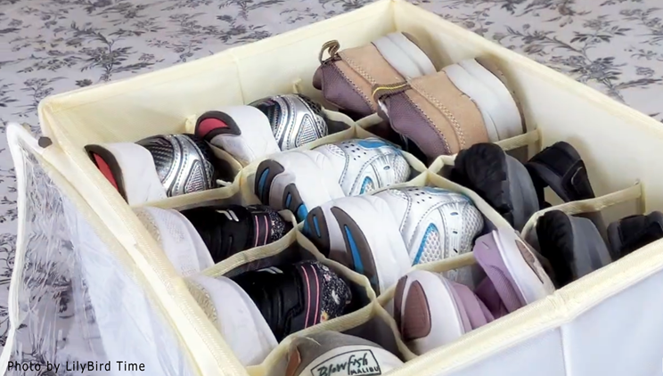 foldable fabric shoe storage bin is good solution to store seasonal shoes