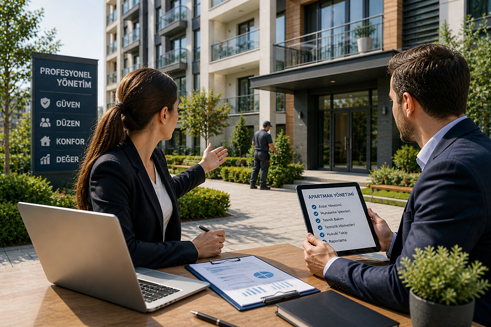 Pendik apartman yönetimi hizmeti sunan profesyonel ekip, modern site önünde yönetim planlaması yaparken ve saha operasyonlarını denetlerken
