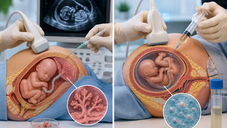 CVS (Koryon Villus Biyopsisi) ve amniyosentez işlemlerini temsil eden, ultrason eşliğinde prenatal genetik tanı uygulamalarını gösteren tıbbi illüstrasyon.
