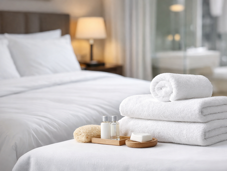 Profesyonel otel odasında beyaz çarşaf ve kaliteli otel havlusu detay görünümü