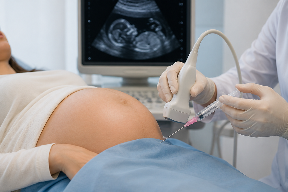 Ultrason eşliğinde gerçekleştirilen amniyosentez işlemini temsil eden gebelik modeli, fetal gelişim görüntüsü ve prenatal genetik tanı ekipmanları.