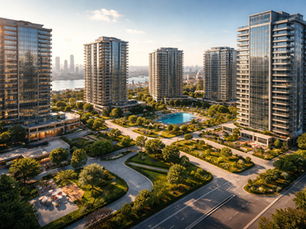 İstanbul’da modern site yönetimi yapılan yüksek katlı lüks konut kompleksi, düzenli peyzaj alanları ve profesyonel yaşam alanı görünümü