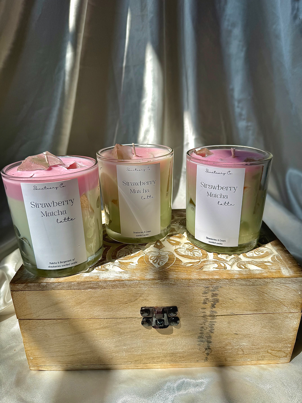 Strawberry Matcha Latte soy candle with pink top and matcha base
