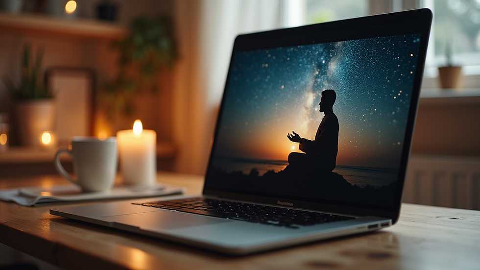 Eye-level view of a laptop displaying a virtual spiritual session