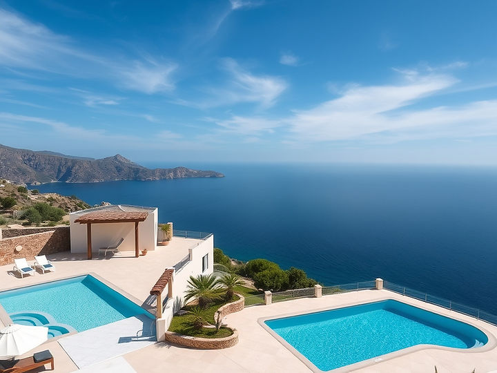 ARIAL VIEW OF A VILLA WITH A SWIMMING POOL AND THE SEA AND SKY.jpg