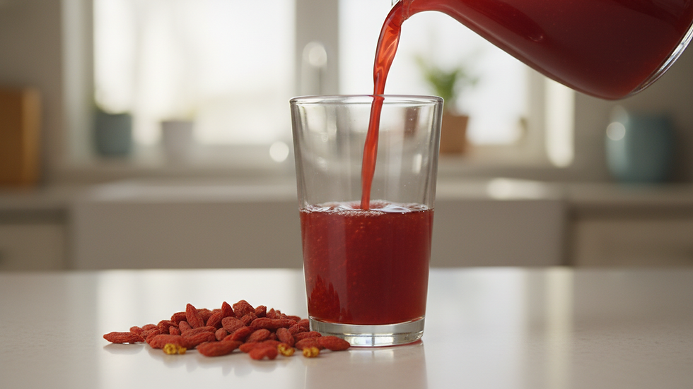 Close-up view of goji berry juice being poured into a clear glass beside fresh berries.