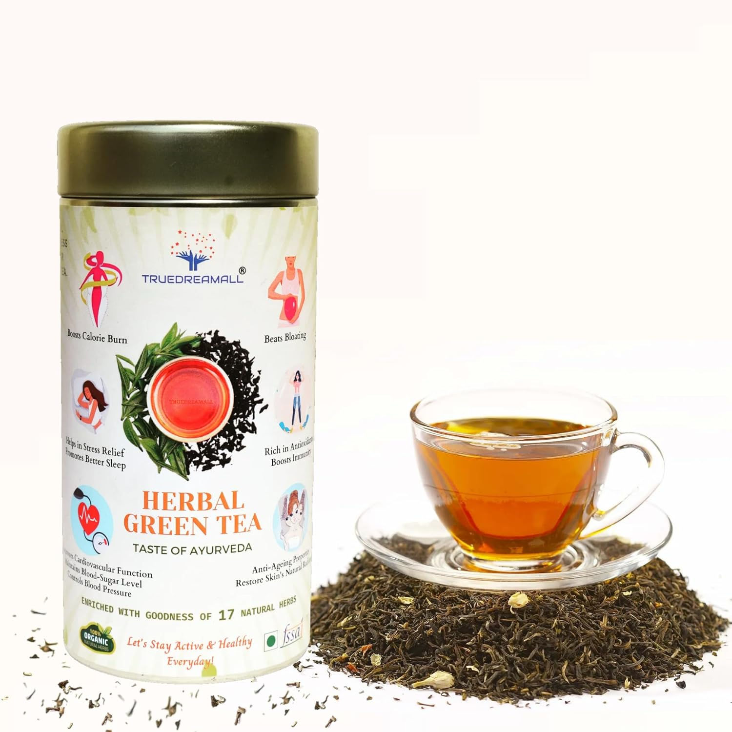 Truedreamall Herbal Green Tea- Enriched with 17 Natural Herbs-Zero Calorie, 150g