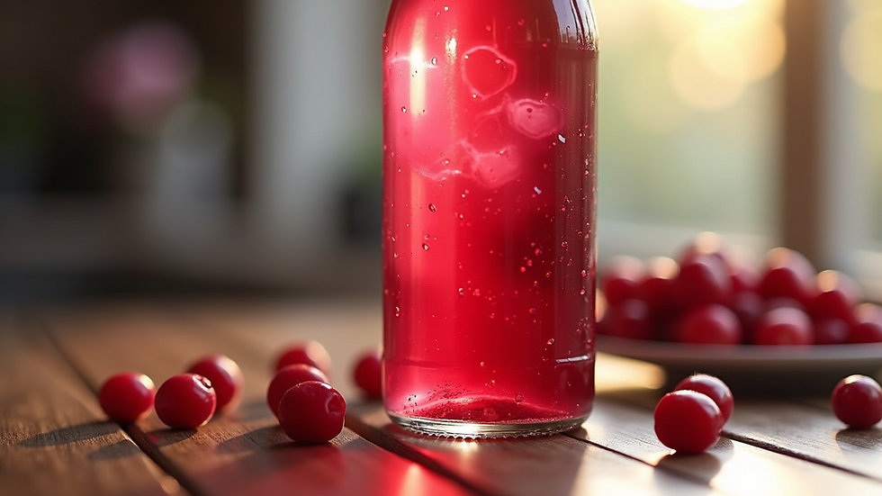 Close-up of a bottle of Truedreamall cranberry juice