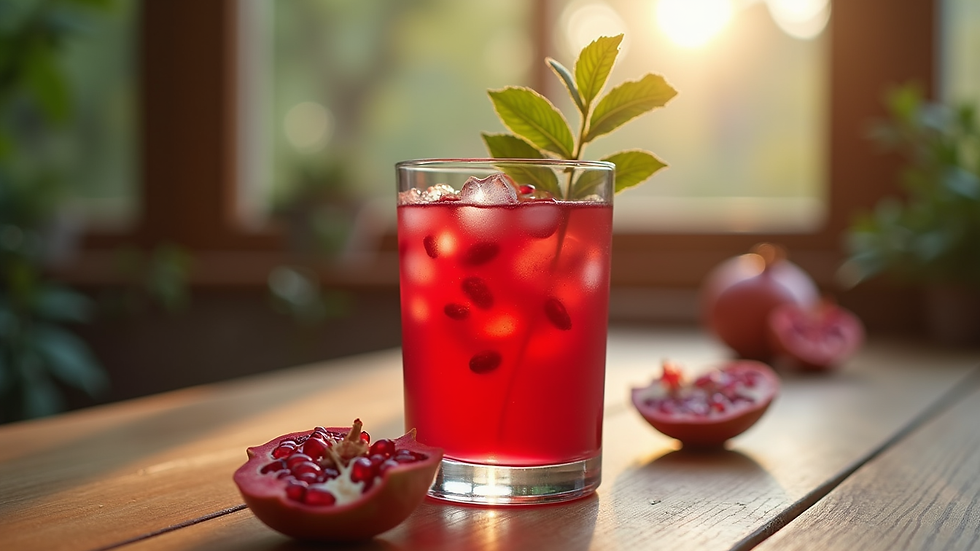 Eye-level view of a glass of fresh pomegranate juice on a wooden table