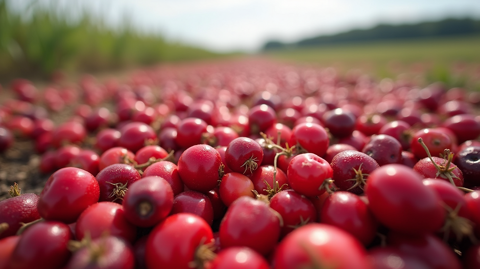 Wide angle view of cranberry fields ready for harvest