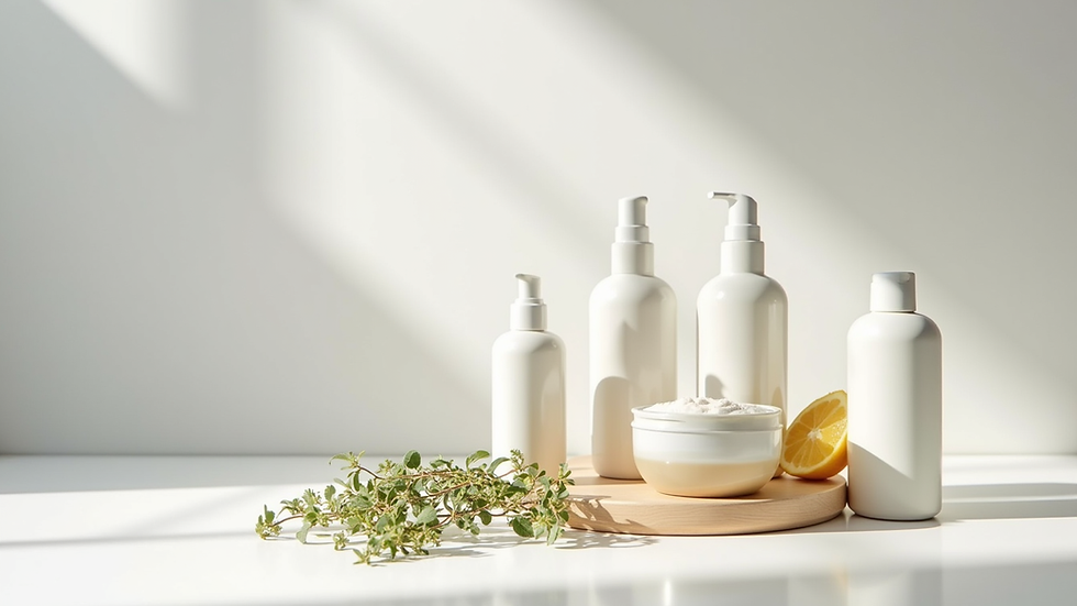 Eye-level view of wellness kit with natural products on a white surface