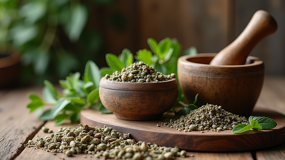 Eye-level view of dried herbs and a mortar and pestle on a rustic table