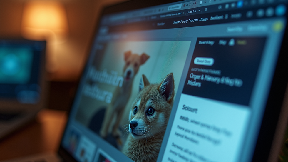 Close-up view of a computer screen showing a digital furry fandom blog homepage
