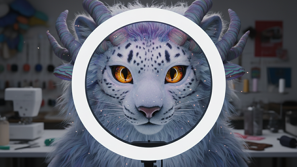 Close-up view of a ring light illuminating a furry costume