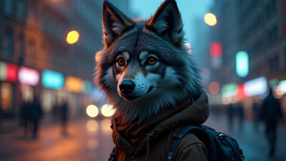 Eye-level view of a digital furry wolf character standing in a city at night with detailed fur and clothing