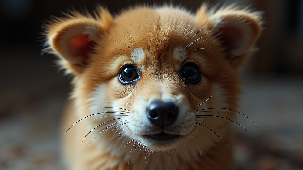 Close-up view of a furry character’s face with expressive eyes