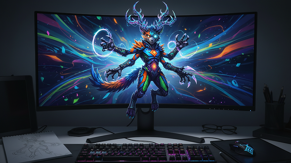 Eye-level view of a digital furry character design on a computer screen