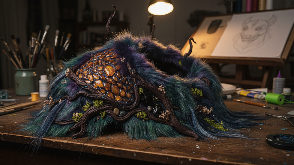 Eye-level view of a furry costume detail on a table