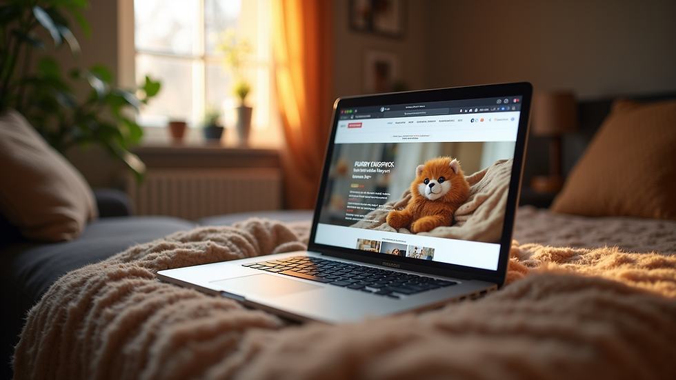 Eye-level view of a cozy room with a laptop open to a furry fandom blog