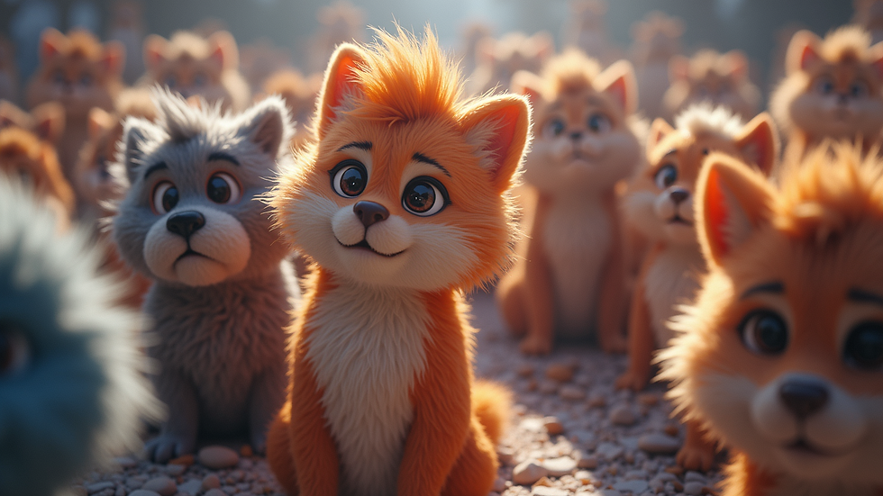High angle view of a group of digital furry characters gathered in a virtual space