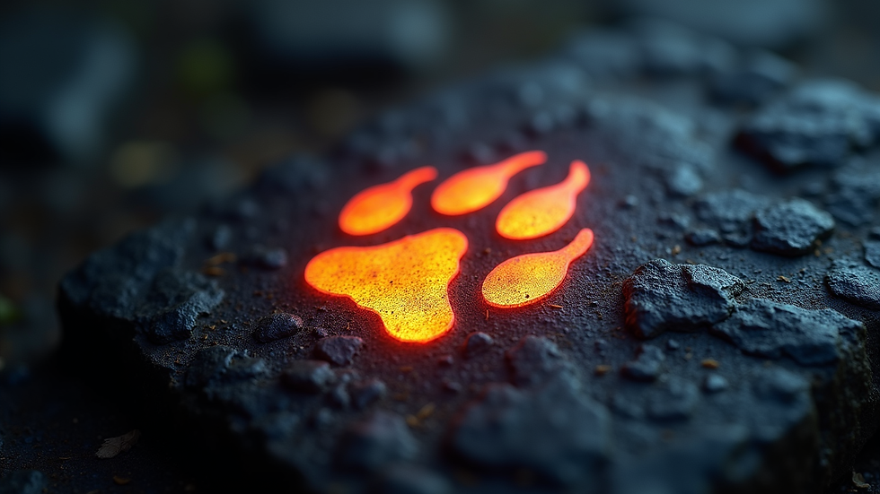 Close-up view of a glowing wolf paw print emblem on a dark background