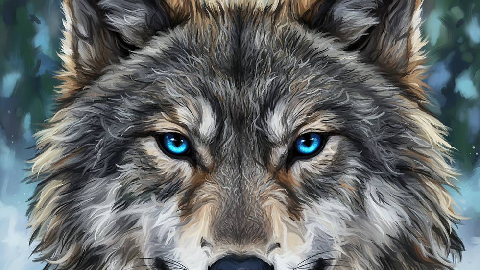 Close-up view of wolf fur texture and blue eyes in a furry art piece