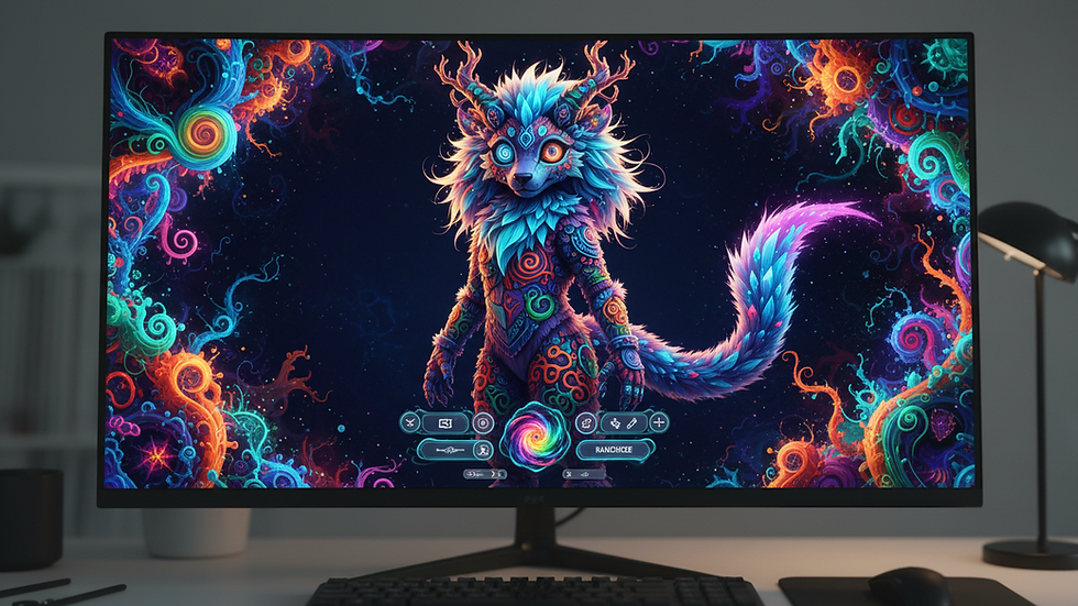 Eye-level view of a computer screen showing a colorful furry avatar creation tool