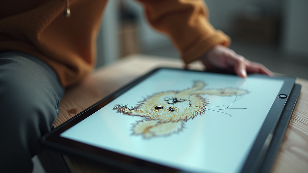 Close-up view of a furry character sketch on a digital tablet with AI tool interface
