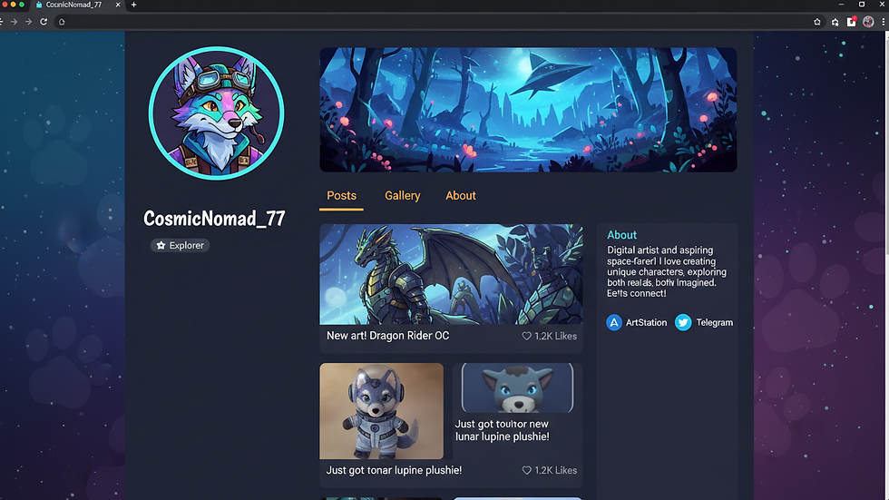 Close-up view of a user profile page on a furry community platform