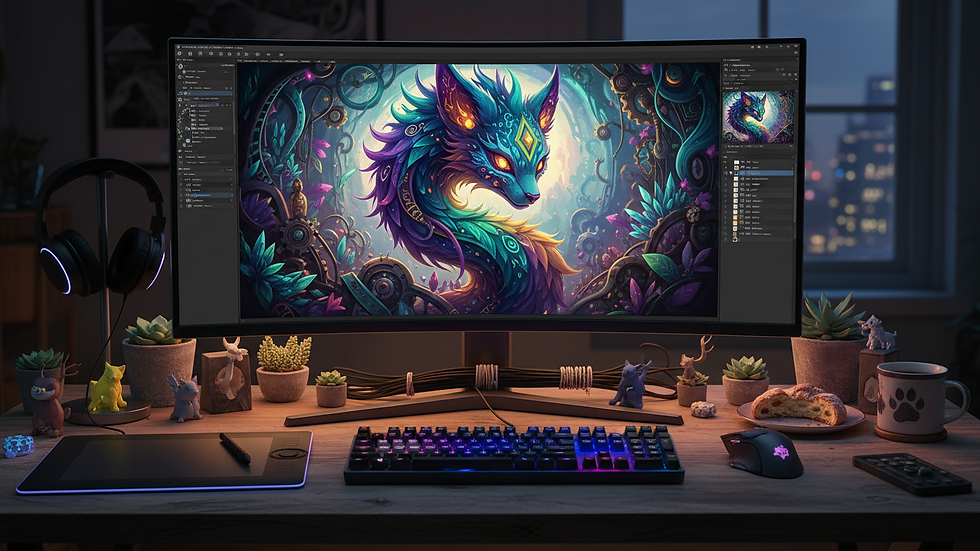 Eye-level view of a digital editing workspace with furry art on screen